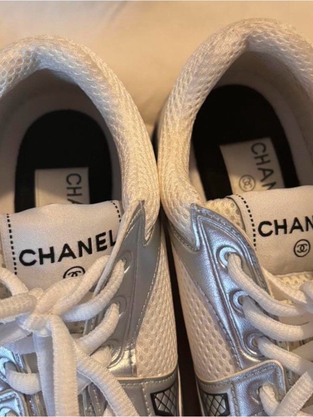 CHANEL Silver and White Chunky Logo Sneakers - Picture 2 of 4